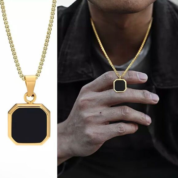 Men’s  Black Square Pendant Box Gold Plated Chain Necklace - Picture 1 of 1